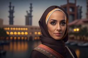 porträtt av ung muslim kvinna bär hijab huvud. neuralt nätverk ai genererad foto