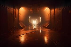 postapokalyptisk tunnel efter regn med orange radioaktiv damm. neuralt nätverk ai genererad foto
