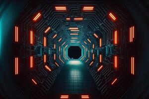 sci-fi cyber trogen tömma generativ ai tunnel bakgrund utgång eller mål ett huvud. abstrakt cyber eller digital speedway begrepp cyberpunk cyber synt tunnel korridor foto