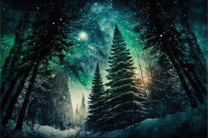jul dekorerad grön gran träd i vinter- skog, abstrakt fantasi festlig jul träd bakgrund rubrik tapet, vinter- abstrakt landskap. solljus i de vinter- skog. generativ ai foto
