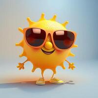 samling av Lycklig, leende, glad tecknad serie stil Sol tecken för sommar, semester design. tecknad serie Sol karaktär bär solglasögon. generativ ai foto