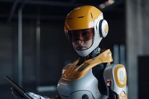 en robot ingenjör i gul Färg på de företag, en robot med en kvinna utseende, generativ ai. foto