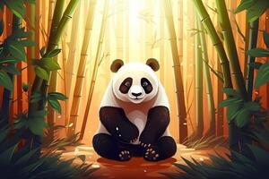 en stor vit panda sitter och äter bambu i en natur boka, generativ ai. foto