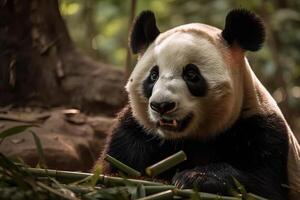 en stor vit panda sitter och äter bambu i en natur boka, generativ ai. foto