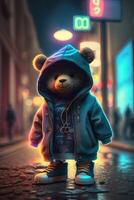 leksak söt Björn i kläder jacka och gymnastikskor på gata bakgrund med neon belysning, generativ ai foto