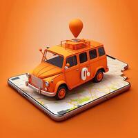 uppkopplad mobil Ansökan taxi beställning service , orange taxi bil körning längs de rutt till de markör på en smart telefon, på en stad Karta. bil och satellit navigering system begrepp. generativ ai foto
