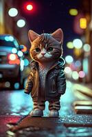 leksak söt katt i kläder jacka och gymnastikskor på gata bakgrund med neon belysning, generativ ai foto