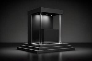 generativ ai svart bakgrund och produkt podium stå studio. elegant svart kub stå för produkt placering mockup. minimal låda plattform utställningslokal med fläck ljus. foto