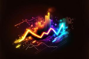 företag ekonomisk diagram med ljus effekter, neon. abstrakt neon bakgrund, tillväxt och falla analyser. stock marknadsföra handel investering ljusstake Graf. finansiera och ekonomi begrepp. generativ ai foto