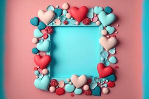 valentine ram och baner. röd, blå, cyan, rosa dekoration. platt lägga, romantisk. kärlek och valentine dag begrepp. generativ ai foto