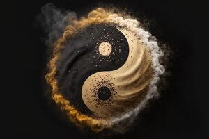 gyllene och svart yin yang symbol med flytande pulver på svart bakgrund. abstraktion, buddhism, hinduism, symbol, religion, balans begrepp. generativ ai foto