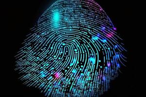 Foto av holografiska fingeravtryck säkerhet i de digital ålder, skyddande stor data med ai teknologi generativ ai. fingeravtryck integrerad i en tryckt krets, frisättande binär koder.