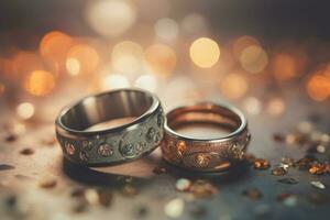 bröllop ringar med silver- och guld på bokeh bakgrund i de stil av glitter och diamant damm. närbild Foto med kopia Plats för text