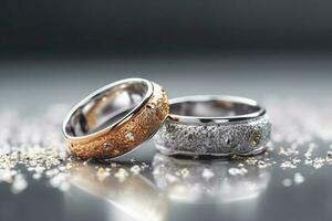 bröllop ringar med silver- och guld på bokeh bakgrund i de stil av glitter och diamant damm. närbild Foto med kopia Plats för text