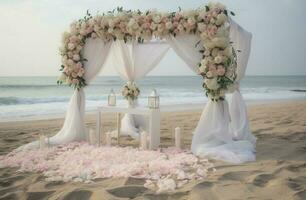 romantisk bröllop ceremoni på de strand. bröllop båge dekorerad med blommor foto