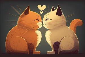 katt kärlek. katt par kramar, kel och kyssar. två söt katt kattungar i kärlek innehav röd hjärta på valentines dag. generativ ai foto