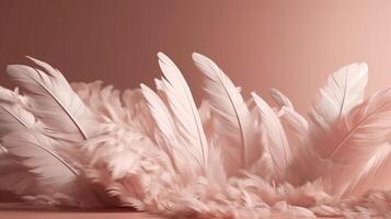 generativ ai, skön ljus rosa närbild fjädrar, fotorealistisk bakgrund. små fluffig rosa fjädrar slumpvis spridd formning foto