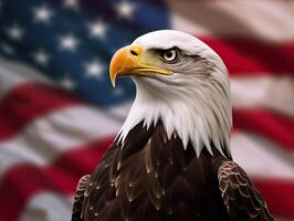 skallig Örn med USA flagga i de bakgrund. ai generativ foto