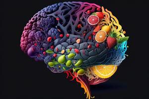 mänsklig hjärna tillverkad av frukt och grönsaker skapas använder sig av generativ ai teknologi. begrepp av näringsrik livsmedel för hjärna hälsa och minne. illustration friska hjärna mat till lyft Hjärnkraft näring foto