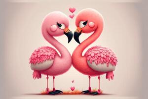 generativ ai söt söt par flamingos kissing hjärtans dag. kärlek kort rosa flamingo i kärlek kissing på vit bakgrund. valentine begrepp foto