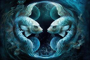 bakgrund av helig zodiaken pisces symboler, astrologi, alkemi, magi, trolldom och förmögenhet talande. generativ ai digital målning. zodiaken tecken pisces på de starry himmel stänga upp foto