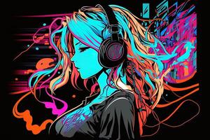 generativ ai ett neon gamer anime mode flicka eller kvinna bär hörlurar, förlorat i henne musik. abstrakt bakgrund den där framkallar de känsla av annorlunda genrer av musik. baner musik begrepp foto