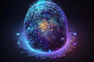 Foto av holografiska fingeravtryck säkerhet i de digital ålder, skyddande stor data med ai teknologi generativ ai. fingeravtryck integrerad i en tryckt krets, frisättande binär koder.