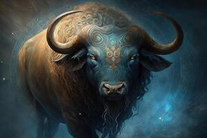 bakgrund av helig zodiaken taurus symboler, astrologi, alkemi, magi, trolldom och förmögenhet talande. generativ ai digital målning. zodiaken tecken taurus på de starry himmel stänga upp foto