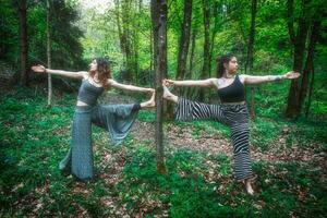 sporter yoga utgör med plan tränad förbi par av flicka vänner foto