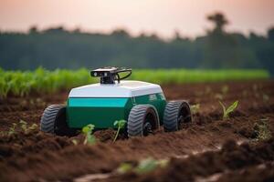 obemannad robot arbetssätt i jordbruks fält. generativ ai foto