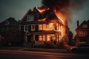 brinnande hus i de natt. bostads- hus i brand. generativ ai foto