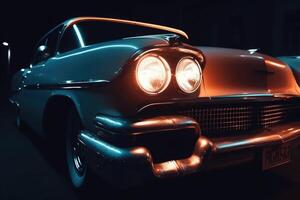 upplyst retro klassisk bil på natt. generativ ai foto