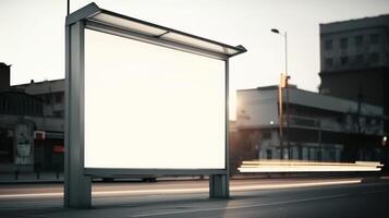 offentlig annons anslagstavla attrapp på buss station bakgrund, generativ ai foto