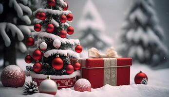 jul träd i snö bakgrund med lugg av gåvor låda generativ ai foto