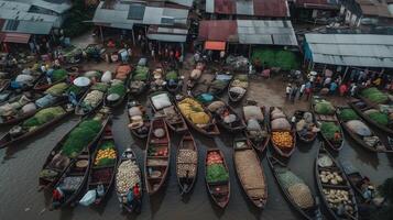 flytande traditionell marknadsföra, traditionell flytande båt marknadsföra, se från Drönare, generativ ai foto