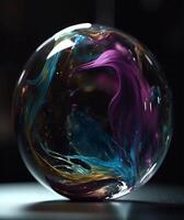 transparent kristall boll. färgrik vätska abstrakt rörelse illusion. på en svart bakgrund. generativ ai foto