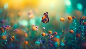 vår bakgrund. färgrik blommor och fjärilar. generativ ai foto