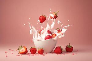 stänk av gott yoghurt och färsk jordgubbar på rosa bakgrund. generativ ai foto