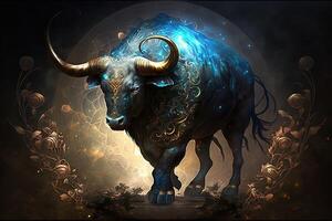 bakgrund av helig zodiaken taurus symboler, astrologi, alkemi, magi, trolldom och förmögenhet talande. generativ ai digital målning. zodiaken tecken taurus på de starry himmel stänga upp foto