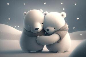 två söt polär kram tillsammans i vit snö bakgrund. mor och bebis polär Björn kel som familj i snö i vinter. generativ ai foto