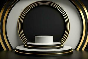 modern svart och vit marmor podium med lyxig svart och gyllene bakgrund, lyx elegant podium för produkt visa, topp piedestal eller tom podium hylla med lyx bakgrund, fri Foto
