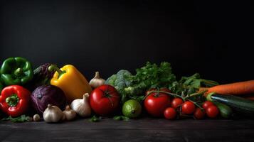 färsk veggie gräns. organisk grönsaker på naturlig svart bakgrund. idealisk för friska mat mönster. generativ ai foto