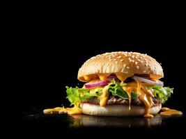 ost burger på svart bakgrund. amerikan ost burger med färsk sallad och röd lök. generativ ai foto