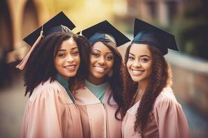 grupp av skön svart amerikan ung kvinna bär en gradering keps. studie, utbildning, examen begrepp. generativ ai illustration foto
