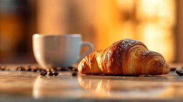 morgon- kaffe med croissant. illustration ai generativ foto