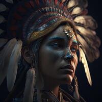 generativ ai inföding amerikan kvinna i ceremoniell huvud klänning, reflexion av de silhuett av stam- förfäder i henne ögon. stänga upp av färgrik klädd inföding kvinna isolerat på svart bakgrund. foto
