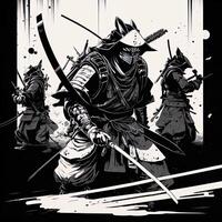 samuraj krigare med katana svärd. ronin samuraj mot fem fiende omgiven handla om till bekämpa, komisk stil generativ ai foto