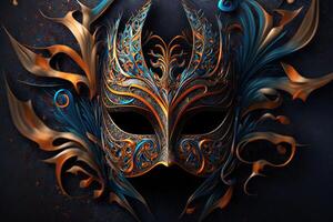 festlig karneval mask med rik dekoration, attribut av de brasiliansk karneval. venetian karneval mask och pärlor dekoration. mardi gras bakgrund. generativ ai foto