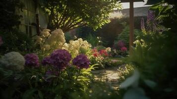 generativ ai, skön sommar privat trädgård med många blommor och växter, natur landskap, engelsk landsbygden stuga stil foto