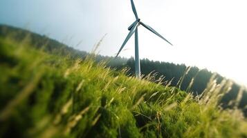 generativ ai, vind turbiner i en fält, grön bruka landskap. miljömässigt miljövänlig kraft generation. förnybar energi källa. foto